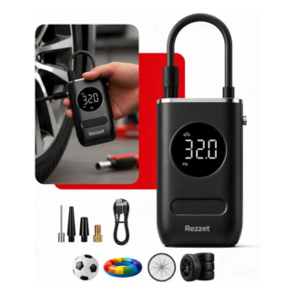Mini Compressor Digital Portátil Rezzet para Carro Moto e Bicicleta com Calibrador Digital Inflador Elétrico de Pneus 12V Display LCD Lanterna LED Compacto e Recarregável Preto
